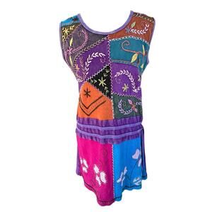 Karma Circle Tank Dress Medium Boho Patchwork Embroidery Hippie Festival Stretch